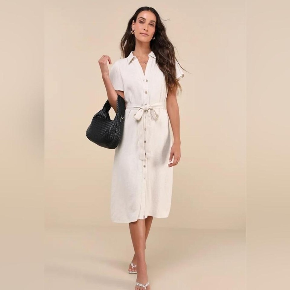 Lulus Linen Blend Shirt Dress Belted Button Front Short Sleeve Midi Cream Tan L